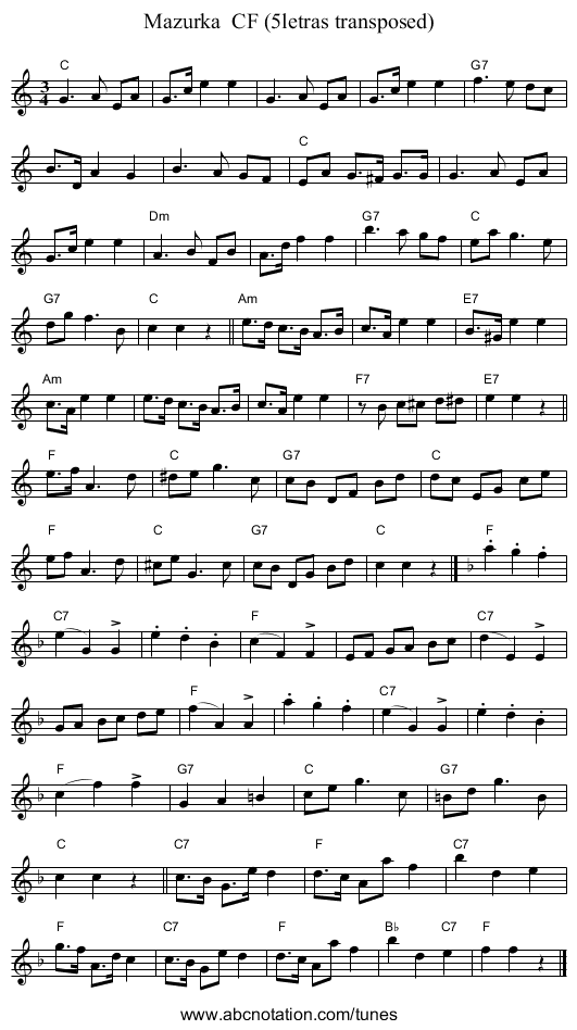 Mazurka  CF (5letras transposed) - staff notation
