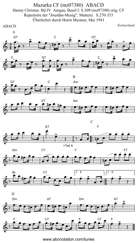 Mazurka CF (mz07380)  ABACD - staff notation