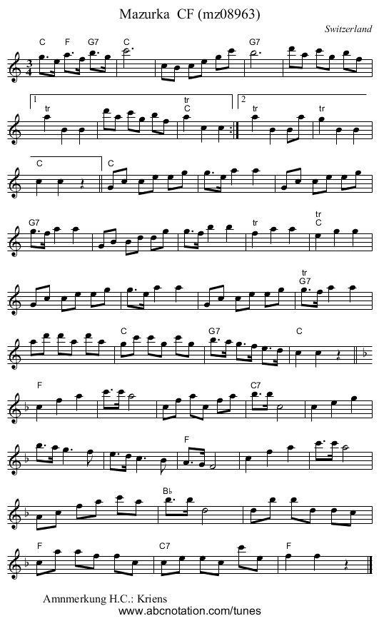 Mazurka CF (mz08963) - staff notation