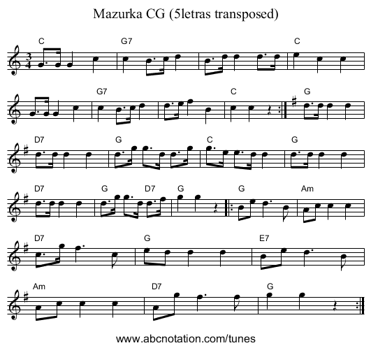 Mazurka CG (5letras transposed) - staff notation