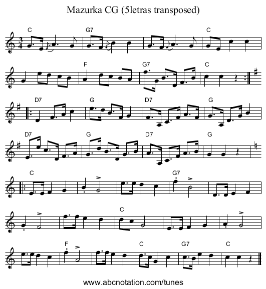 Mazurka CG (5letras transposed) - staff notation