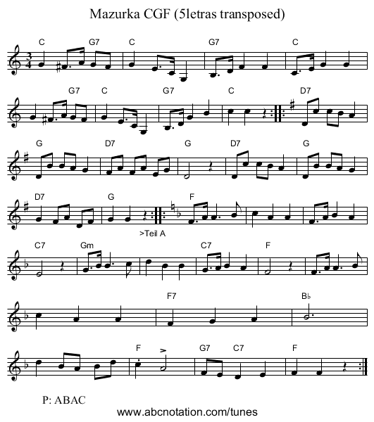 Mazurka CGF (5letras transposed) - staff notation