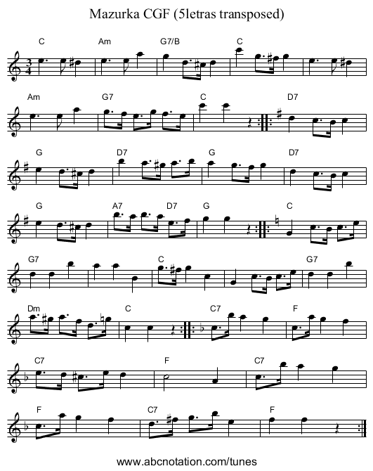 Mazurka CGF (5letras transposed) - staff notation