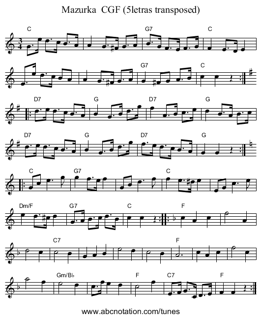 Mazurka  CGF (5letras transposed) - staff notation
