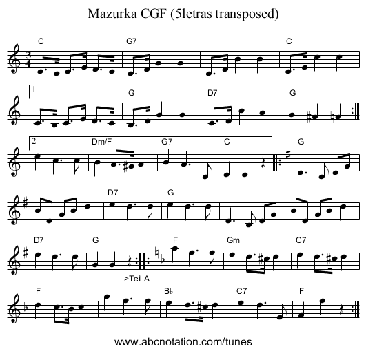 Mazurka CGF (5letras transposed) - staff notation