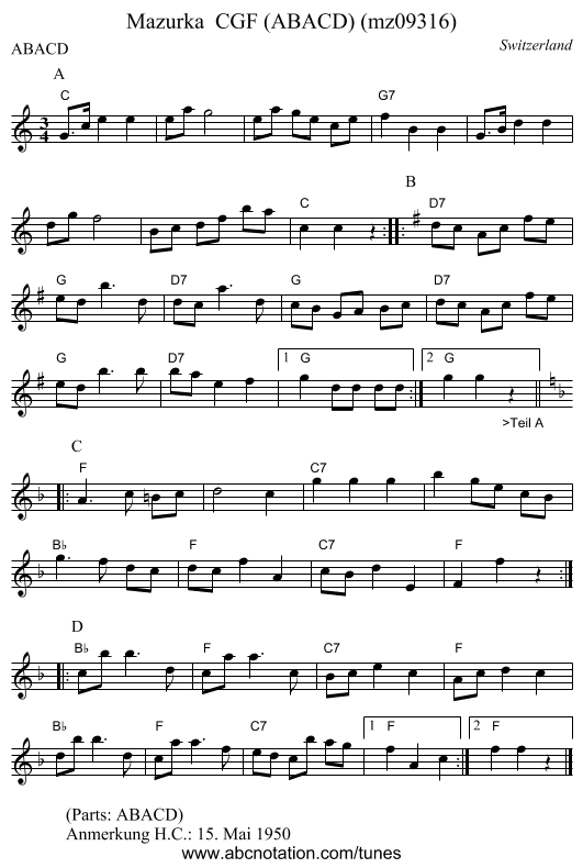 Mazurka  CGF (ABACD) (mz09316) - staff notation