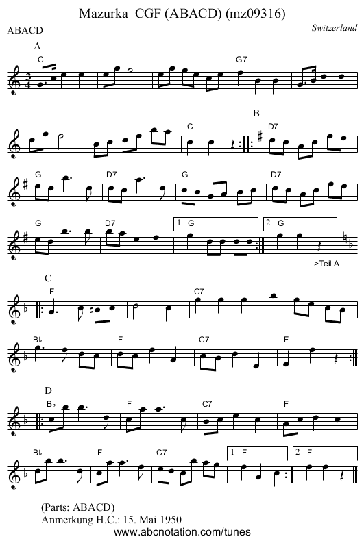 Mazurka CGF (ABACD) (mz09316) - staff notation