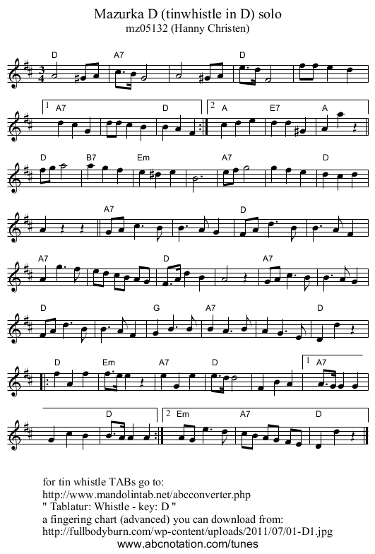 Mazurka D (tinwhistle in D) solo - staff notation