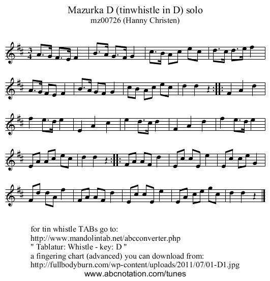 Mazurka D (tinwhistle in D) solo - staff notation