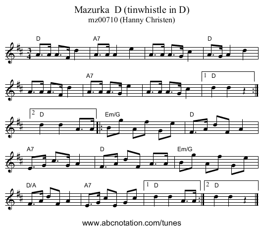 Mazurka D (tinwhistle in D) - staff notation
