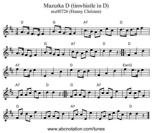 Mazurka D (tinwhistle in D) - staff notation