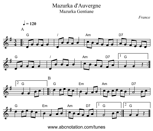 Mazurka d'Auvergne - staff notation