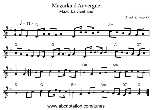Mazurka d'Auvergne - staff notation