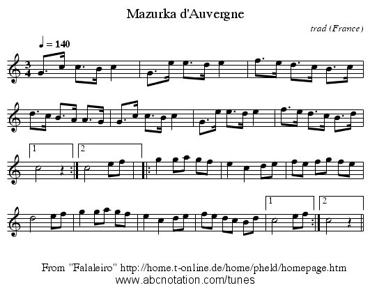 Mazurka d'Auvergne - staff notation
