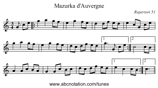 Mazurka d'Auvergne - staff notation
