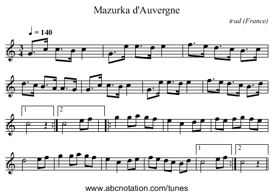 Mazurka d'Auvergne - staff notation
