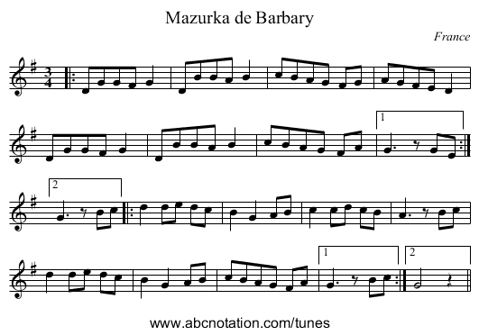 Mazurka de Barbary - staff notation