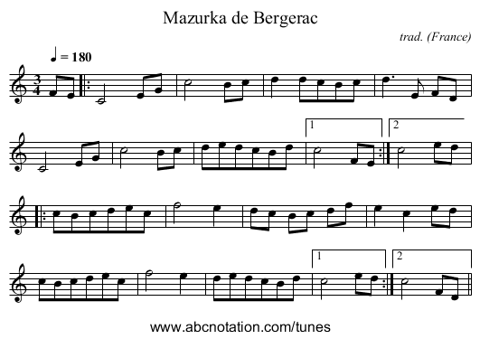 Mazurka de Bergerac - staff notation