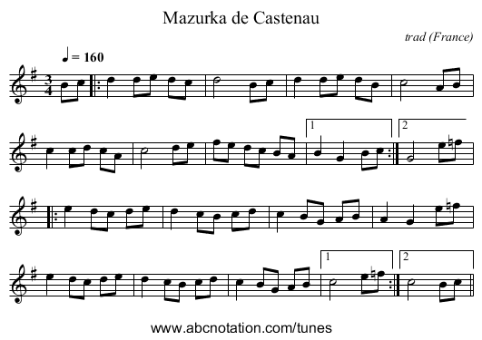 Mazurka de Castenau - staff notation