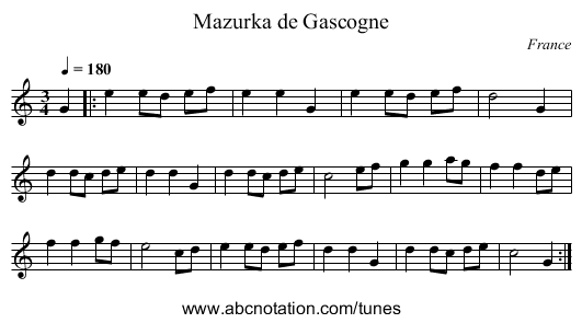 Mazurka de Gascogne - staff notation
