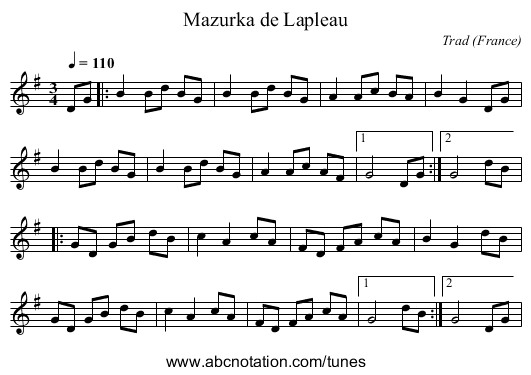 Mazurka de Lapleau - staff notation