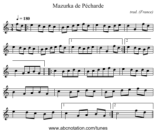 Mazurka de Pécharde - staff notation