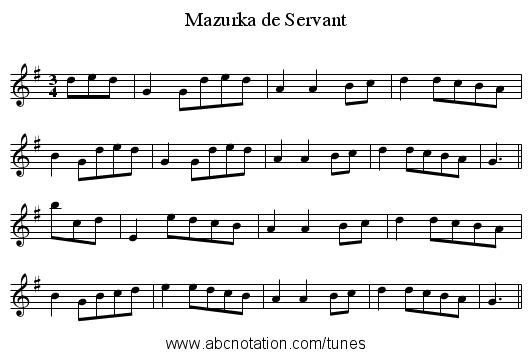 Mazurka de Servant - staff notation