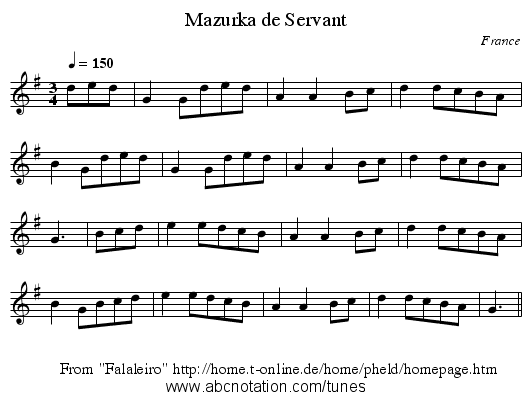 Mazurka de Servant - staff notation