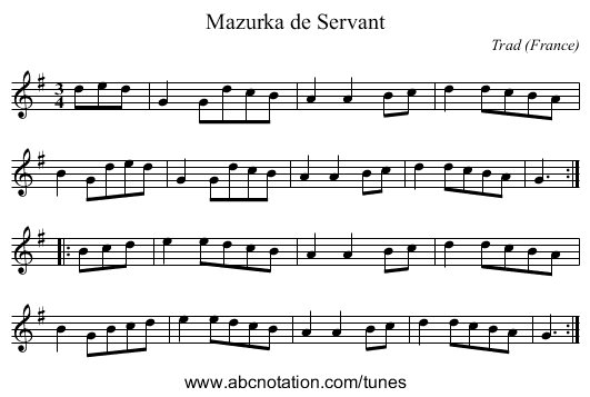 Mazurka de Servant - staff notation