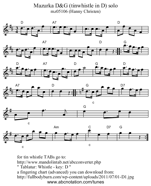 Mazurka D&G (tinwhistle in D) solo - staff notation