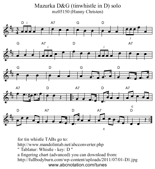 Mazurka D&G (tinwhistle in D) solo - staff notation