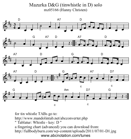 Mazurka D&G (tinwhistle in D) solo - staff notation