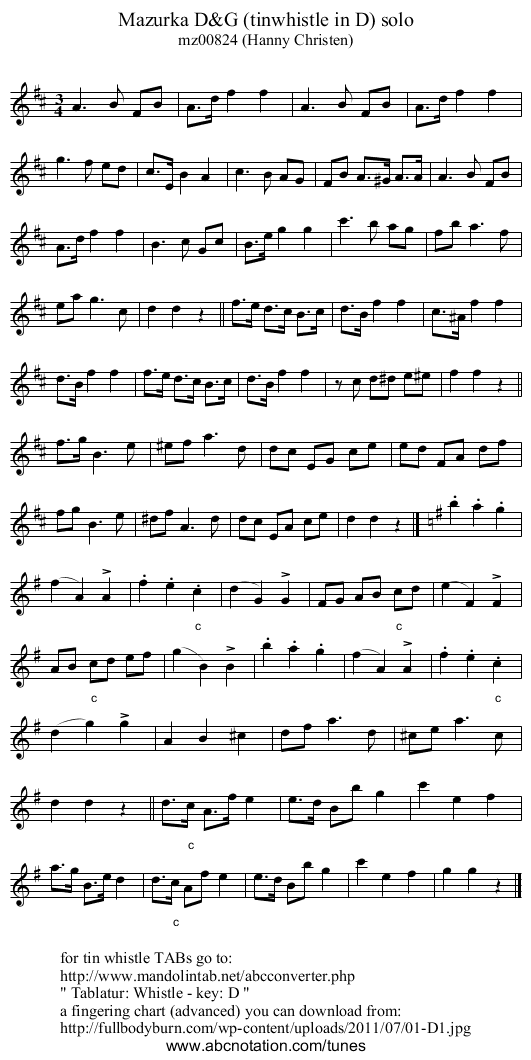 Mazurka D&G (tinwhistle in D) solo - staff notation