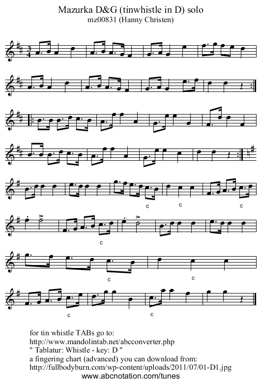 Mazurka D&G (tinwhistle in D) solo - staff notation