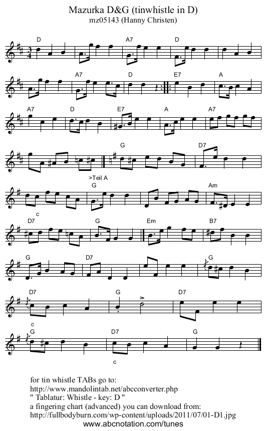 Mazurka D&G (tinwhistle in D) - staff notation