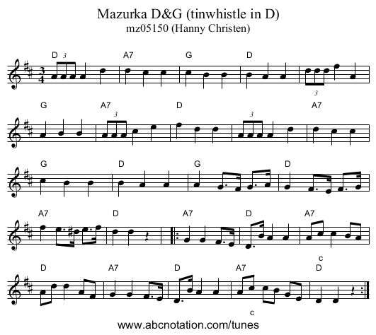 Mazurka D&G (tinwhistle in D) - staff notation