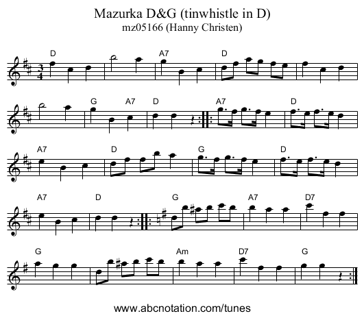 Mazurka D&G (tinwhistle in D) - staff notation