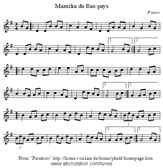 Mazurka du Bas-pays - staff notation