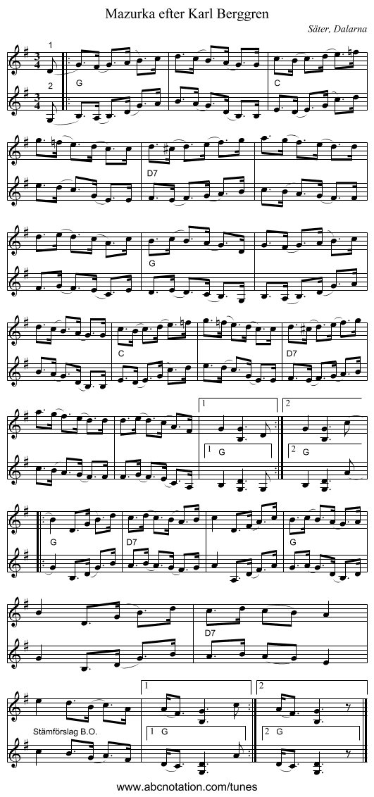 Mazurka efter Karl Berggren - staff notation