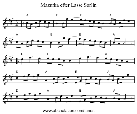 Mazurka efter Lasse Sorlin - staff notation
