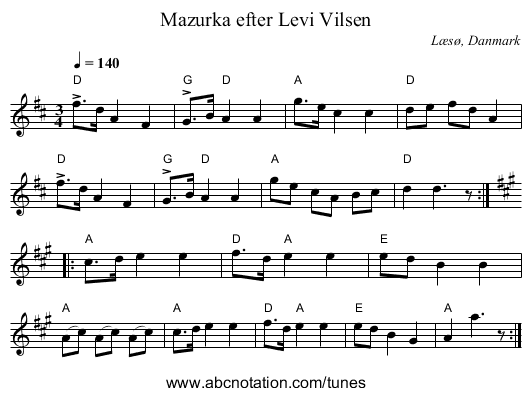 Mazurka efter Levi Vilsen - staff notation