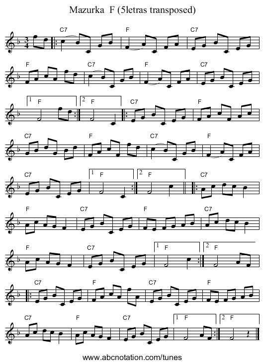 Mazurka F (5letras transposed) - staff notation