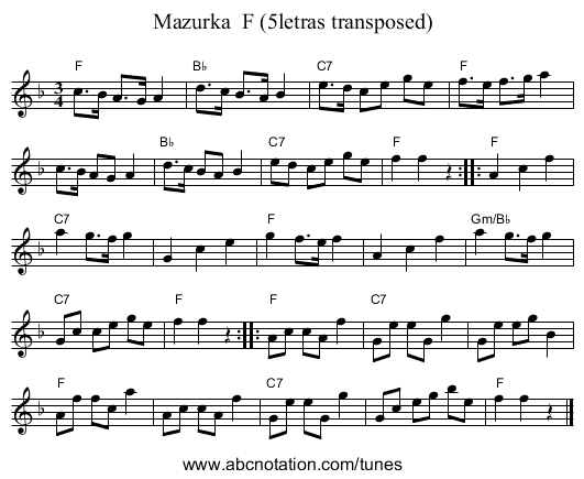 Mazurka  F (5letras transposed) - staff notation