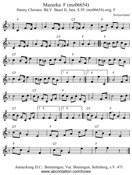 Mazurka  F (mz06654) - staff notation