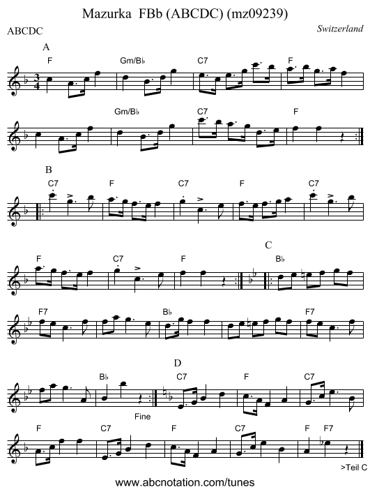 Mazurka  FBb (ABCDC) (mz09239) - staff notation