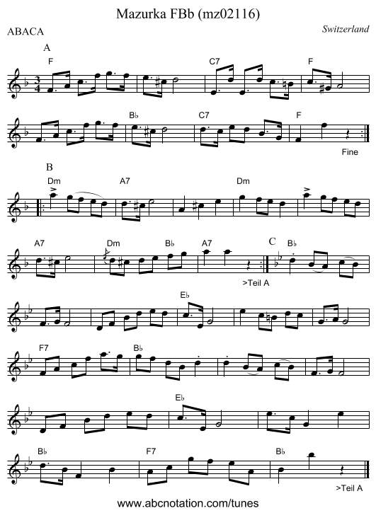 Mazurka FBb (mz02116) - staff notation