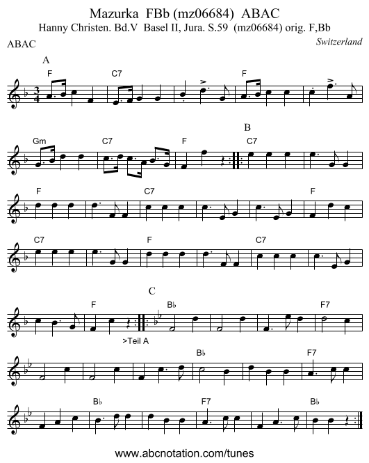 Mazurka  FBb (mz06684)  ABAC - staff notation