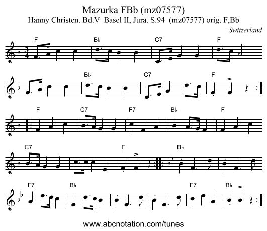 Mazurka FBb (mz07577) - staff notation