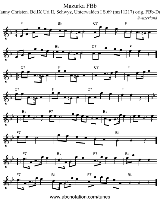 Mazurka FBb - staff notation