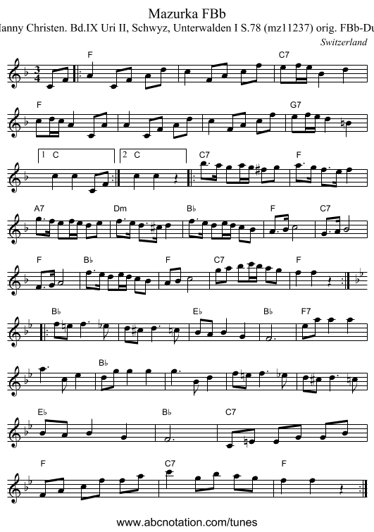 Mazurka FBb - staff notation